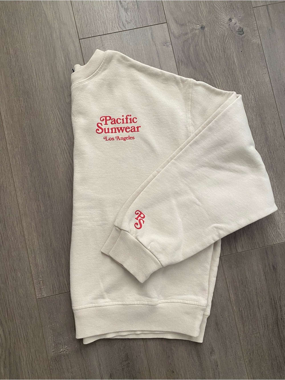 Pacific Sunwear Cream Crewneck with Red Script Logo